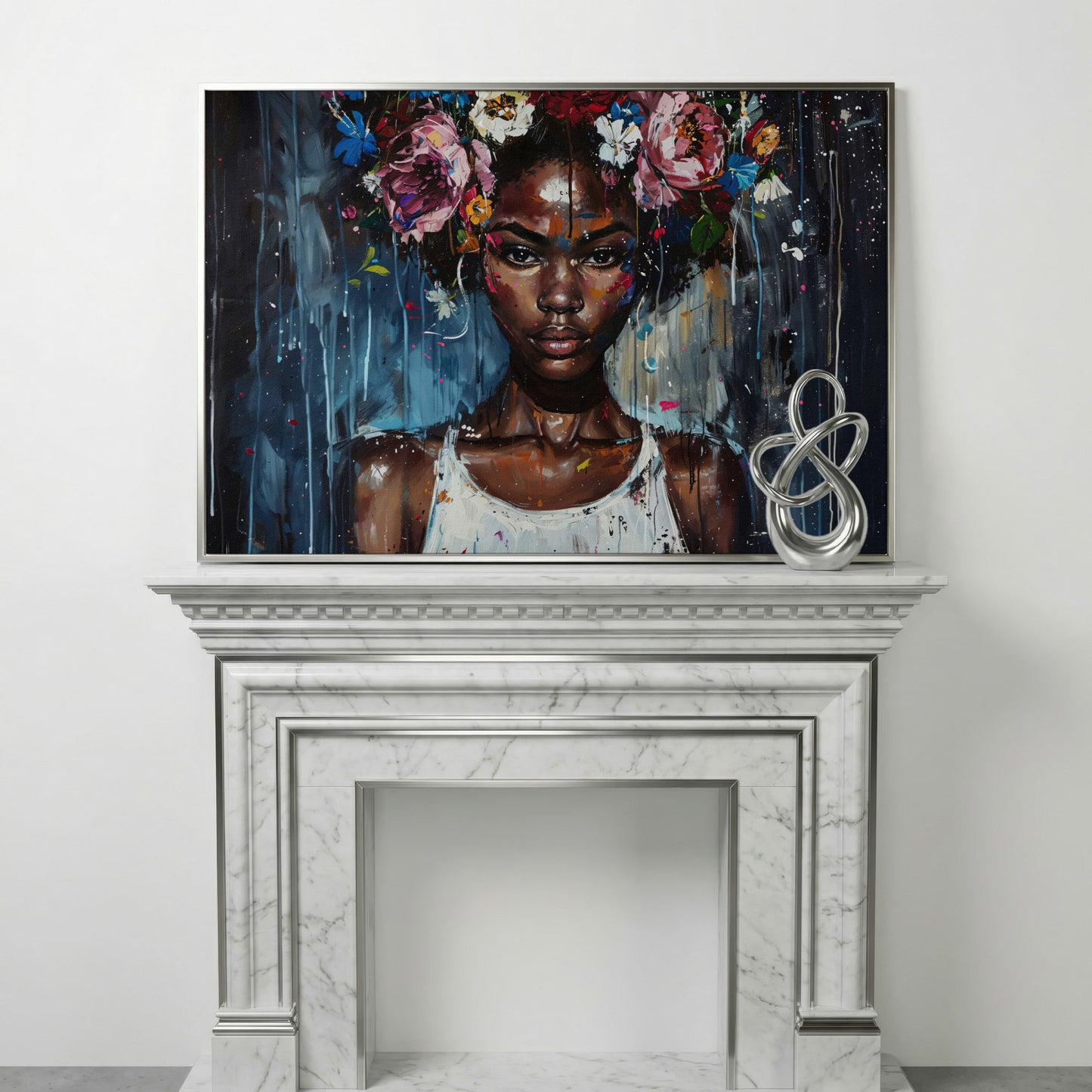 Afro Beauty with Floral Crown Canvas in silver floating frame
