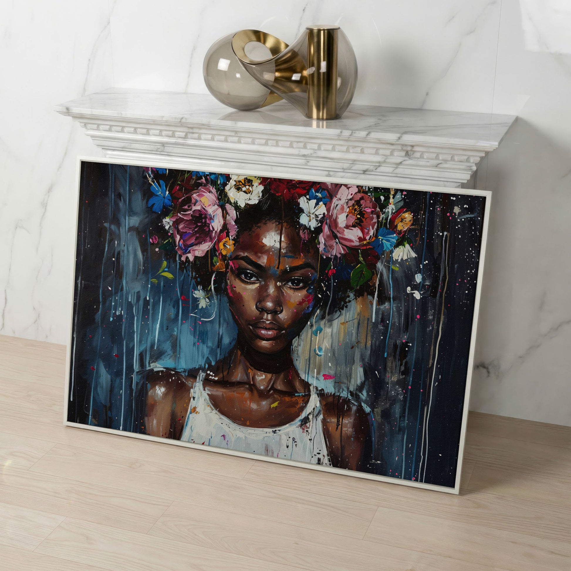 Afro Beauty with Floral Crown Canvas in white floating frame