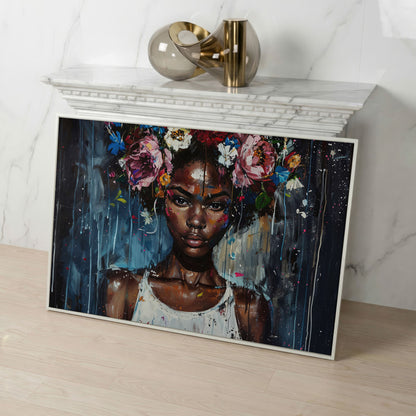 Afro Beauty with Floral Crown Canvas in white floating frame