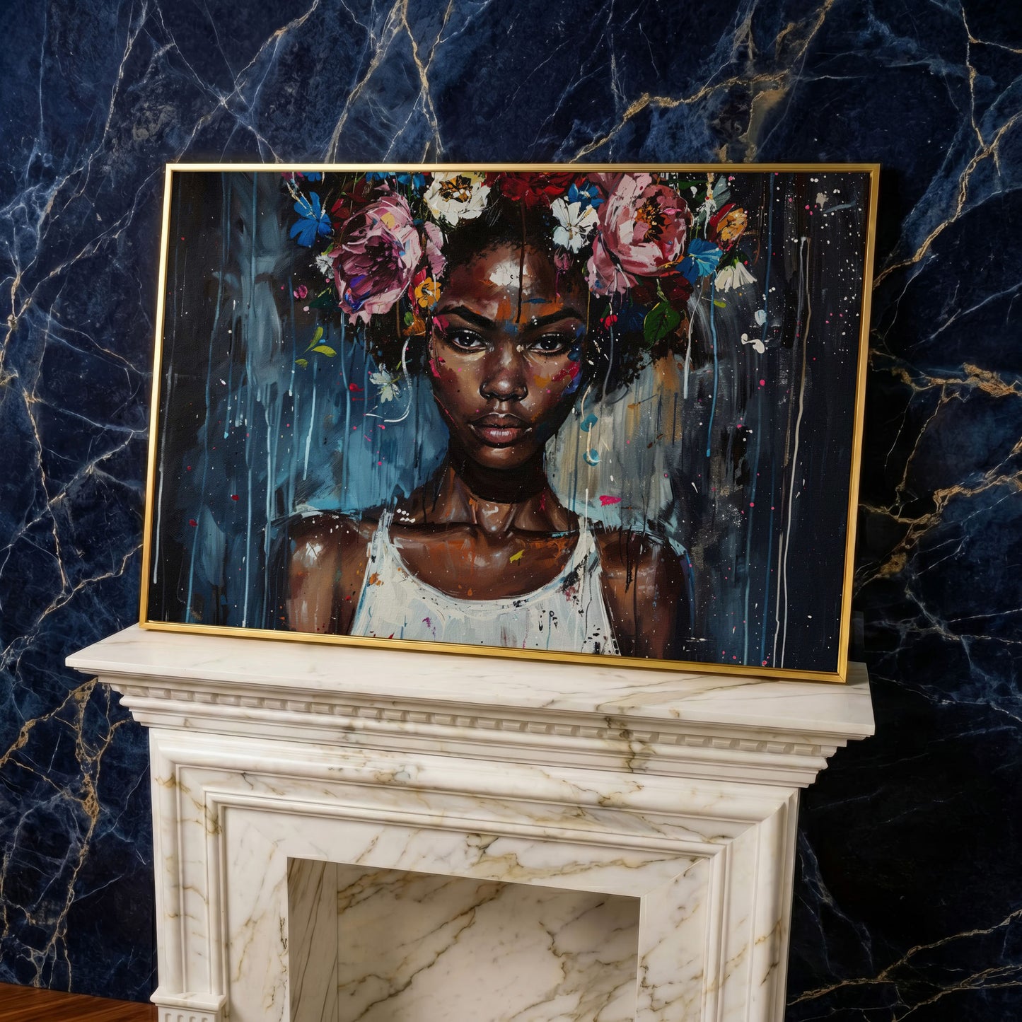 Afro Beauty with Floral Crown Canvas in yellow gold floating frame