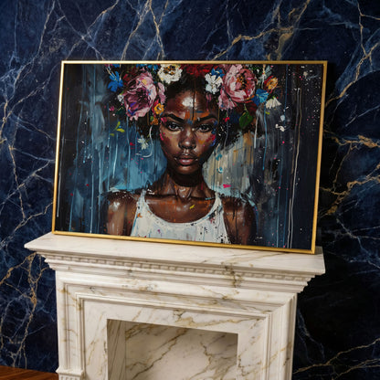 Afro Beauty with Floral Crown Canvas in yellow gold floating frame