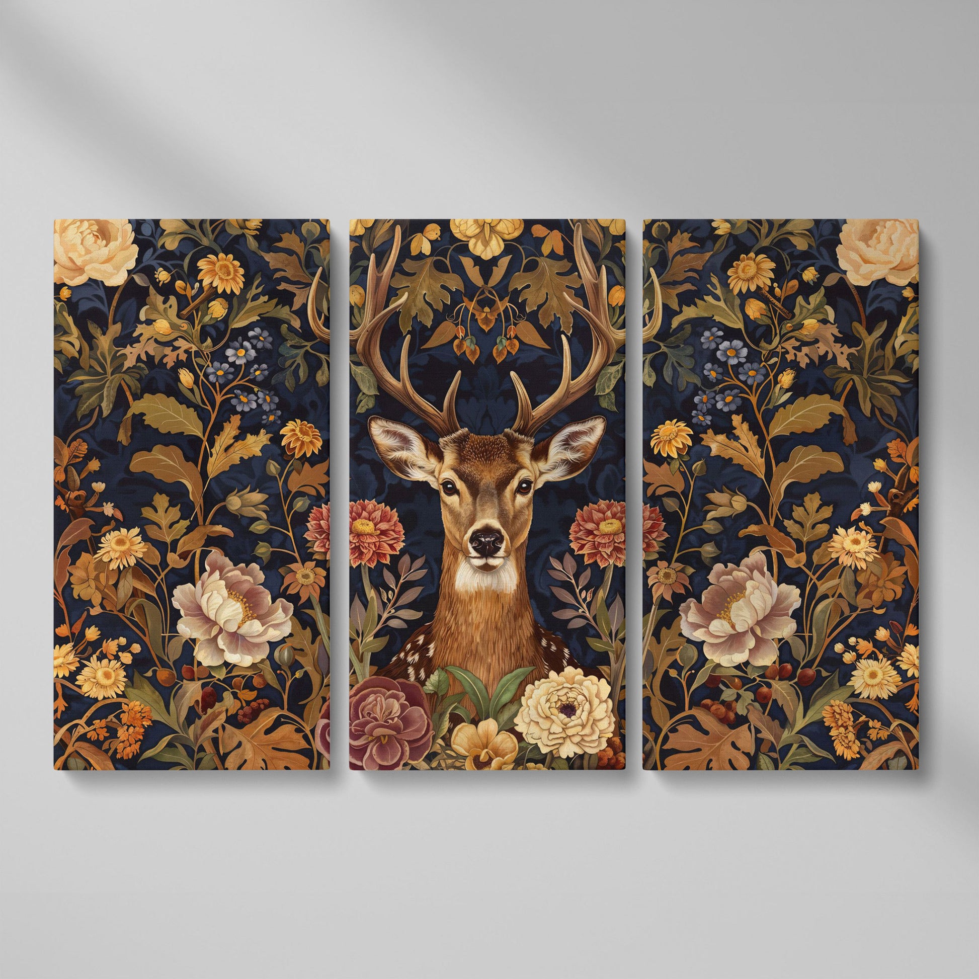 Abstract Stag with Vintage Florals Canvas as 3-panel split version
