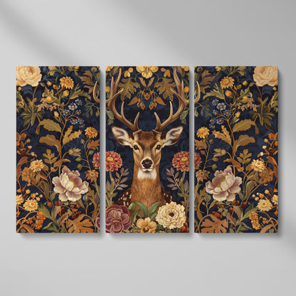 Abstract Stag with Vintage Florals Canvas as 3-panel split version