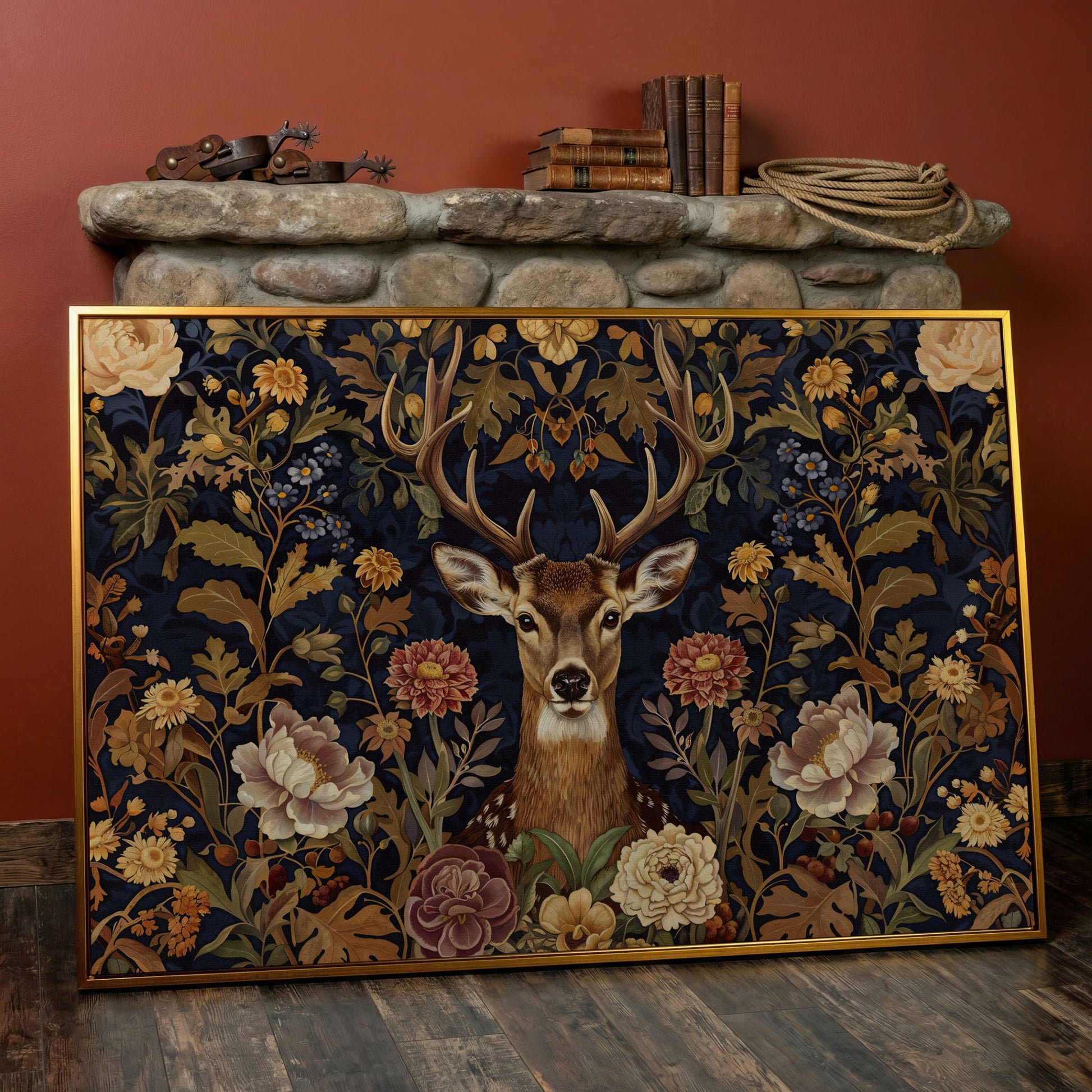 Abstract Stag with Vintage Florals Canvas in antique gold floating frame