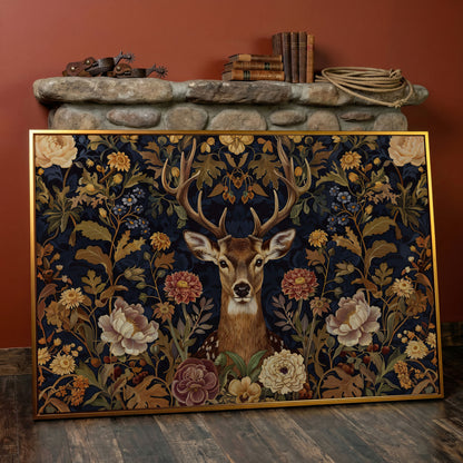 Abstract Stag with Vintage Florals Canvas in antique gold floating frame