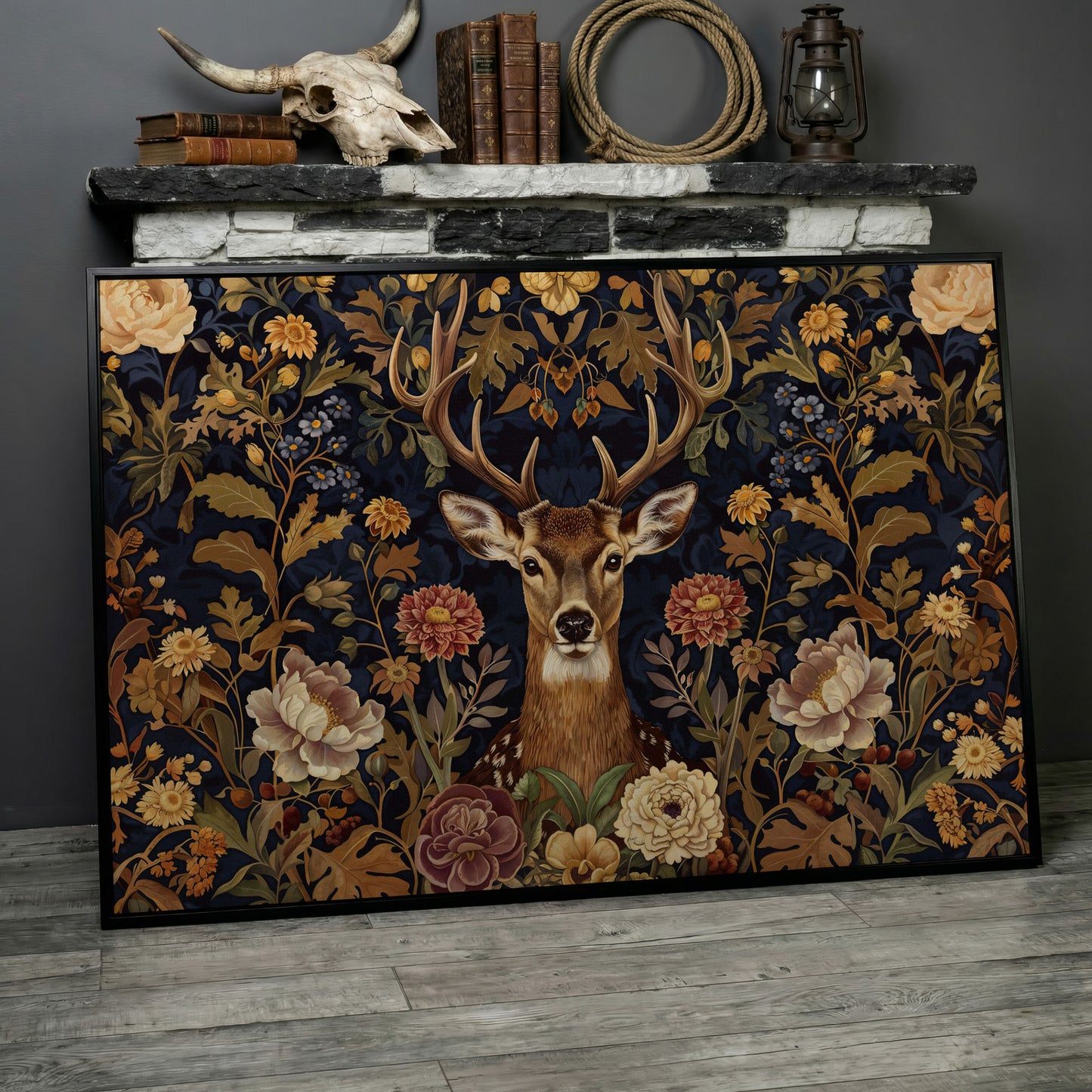 Abstract Stag with Vintage Florals Canvas in black floating frame