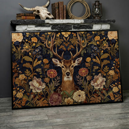 Abstract Stag with Vintage Florals Canvas in black floating frame
