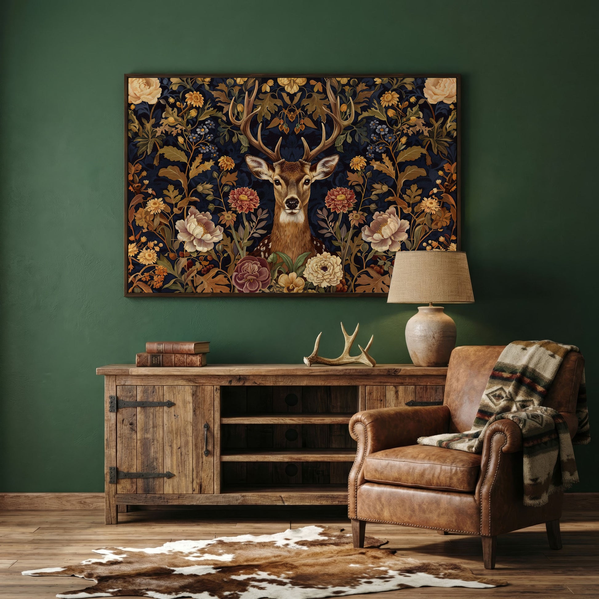 Abstract Stag with Vintage Florals Canvas in dark walnut floating frame
