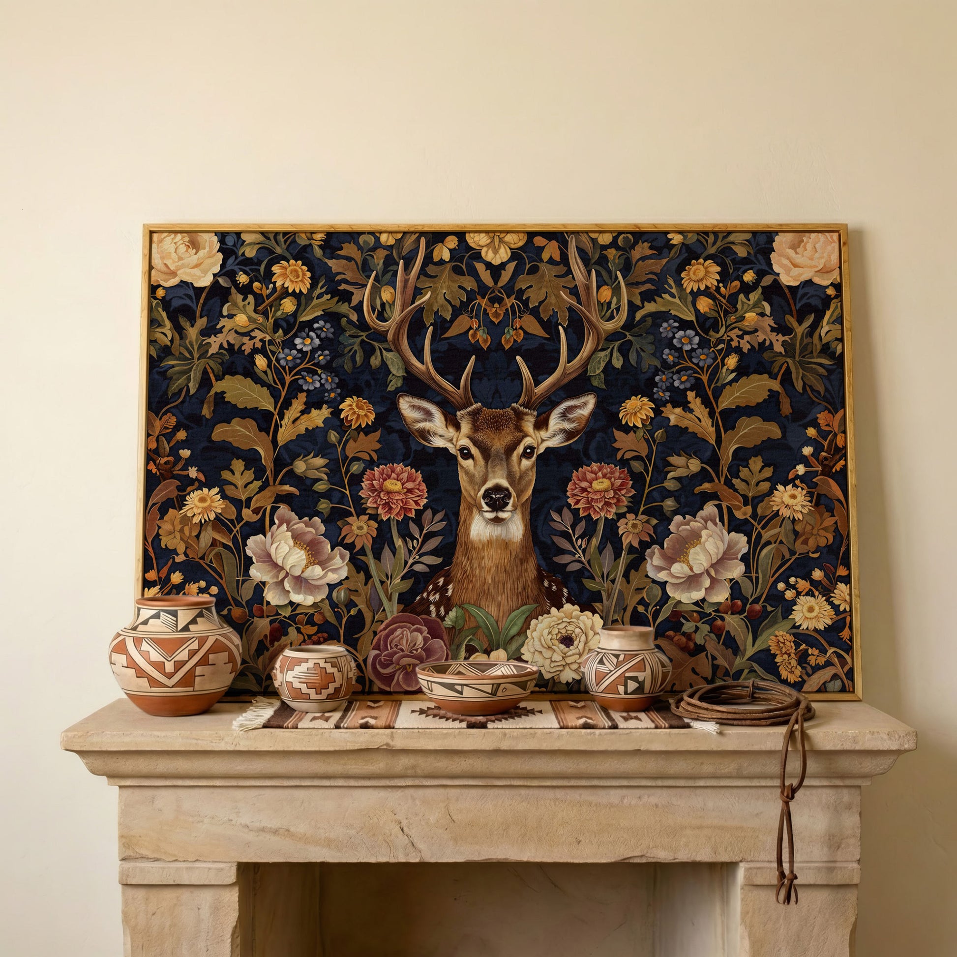 Abstract Stag with Vintage Florals Canvas in white oak floating frame