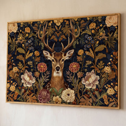 Abstract Stag with Vintage Florals Canvas shown in white oak floating frame