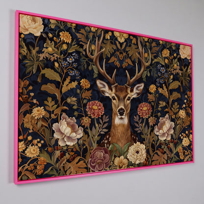 Abstract Stag with Vintage Florals Canvas in pink floating frame