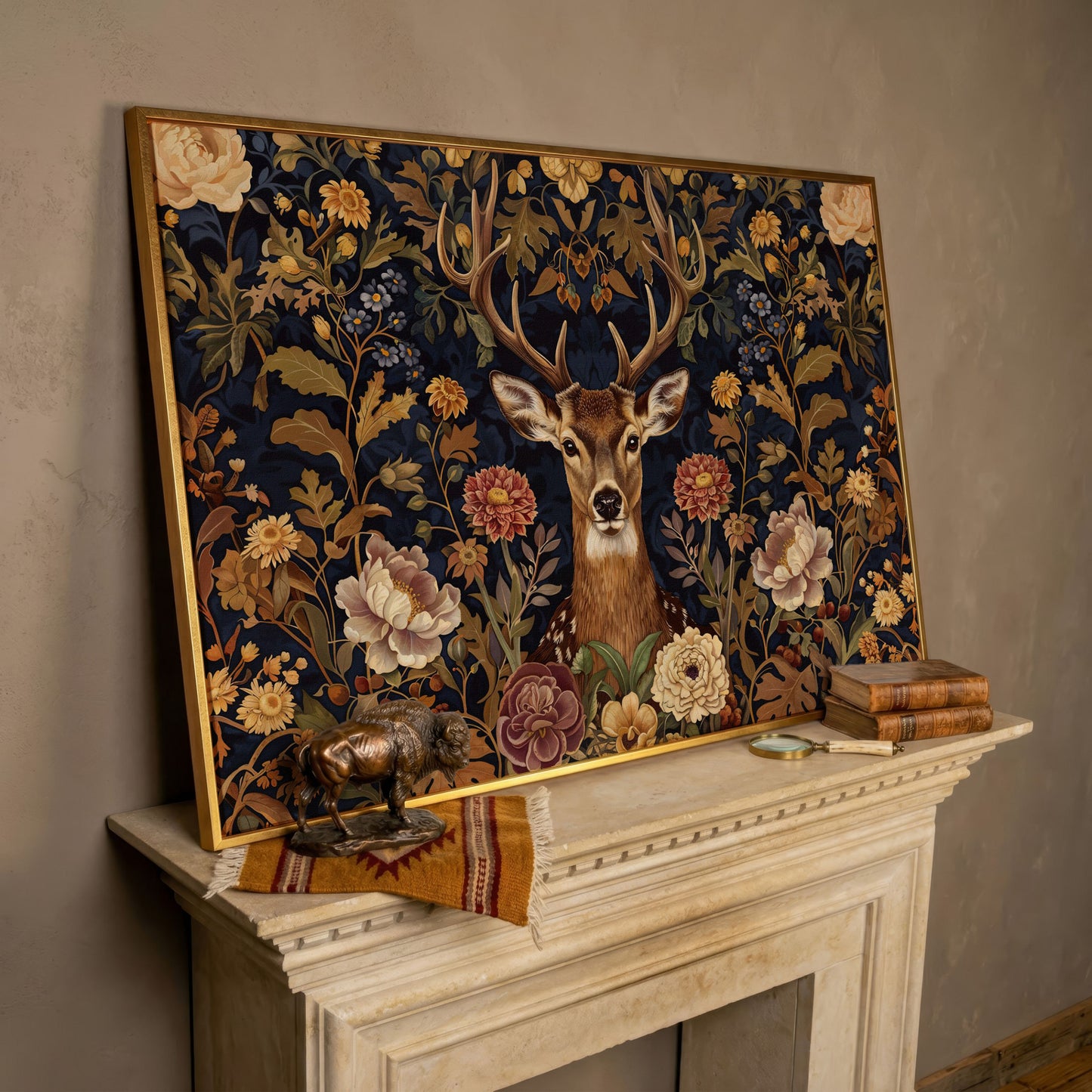 Abstract Stag with Vintage Florals Canvas in rose gold floating frame