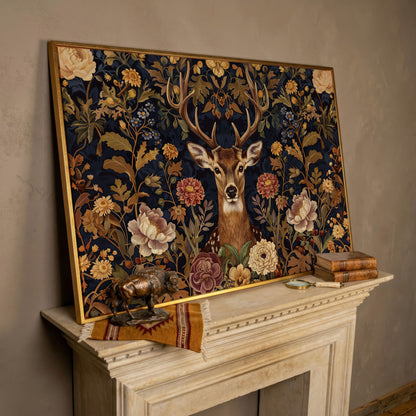 Abstract Stag with Vintage Florals Canvas in rose gold floating frame