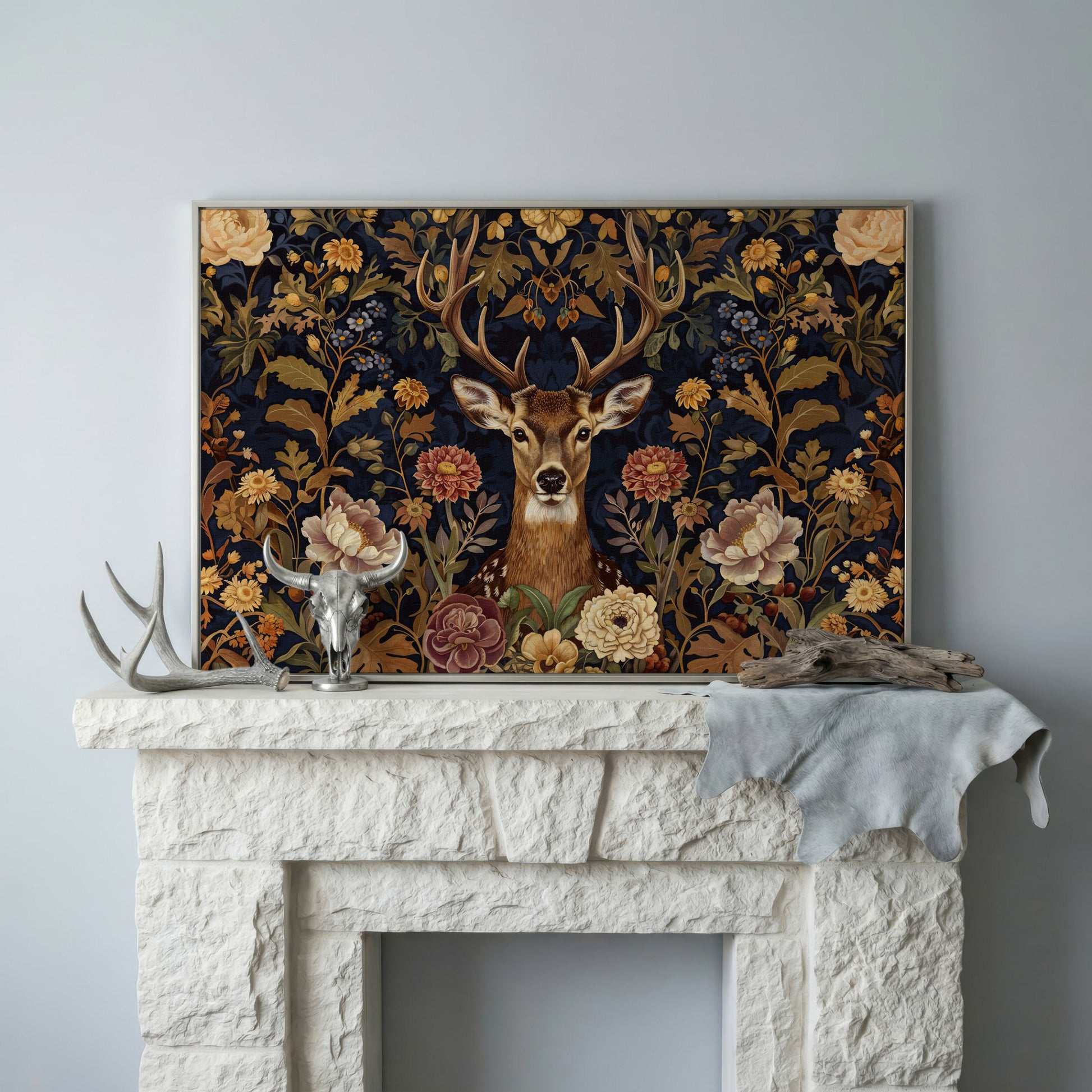 Abstract Stag with Vintage Florals Canvas in silver floating frame