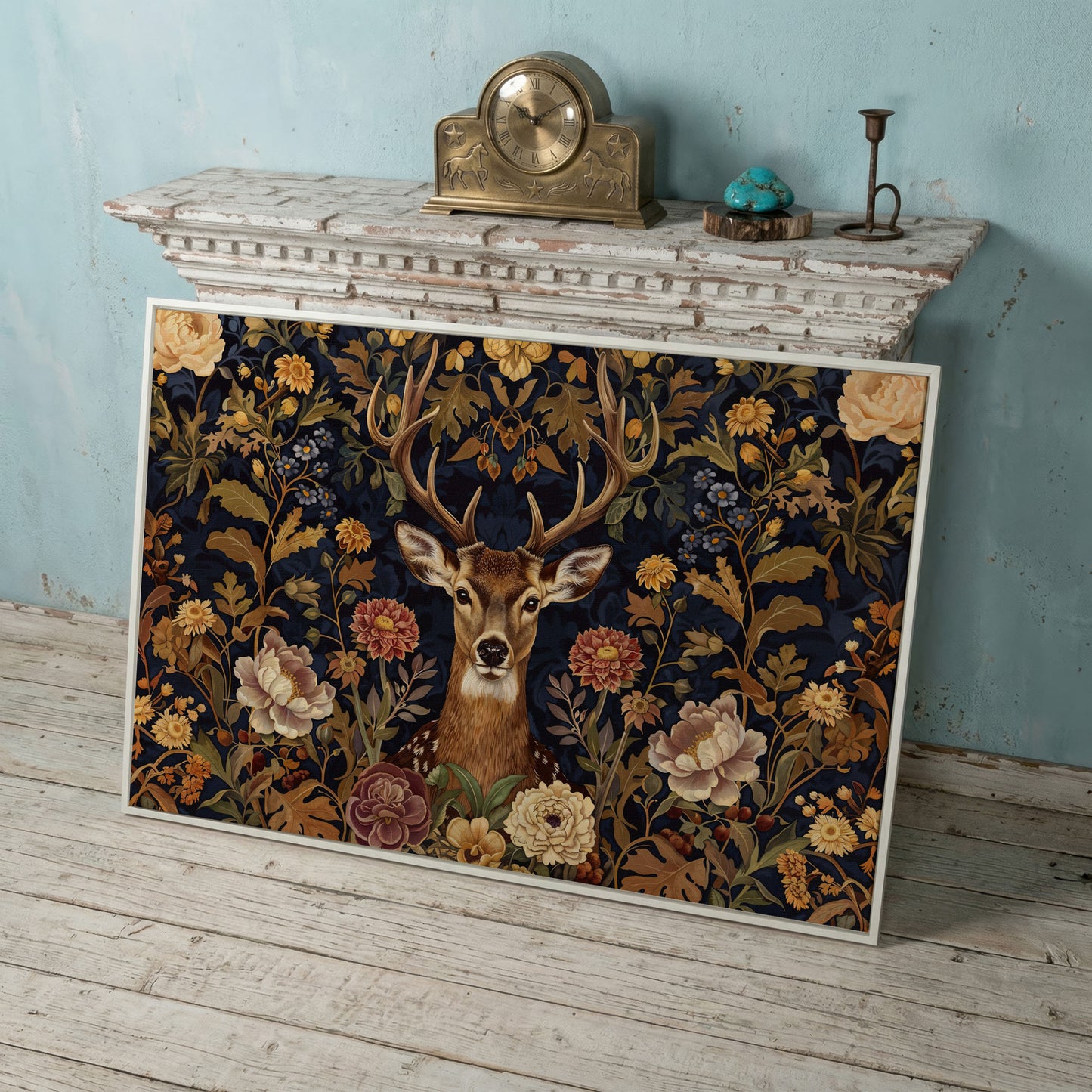 Abstract Stag with Vintage Florals Canvas in white floating frame