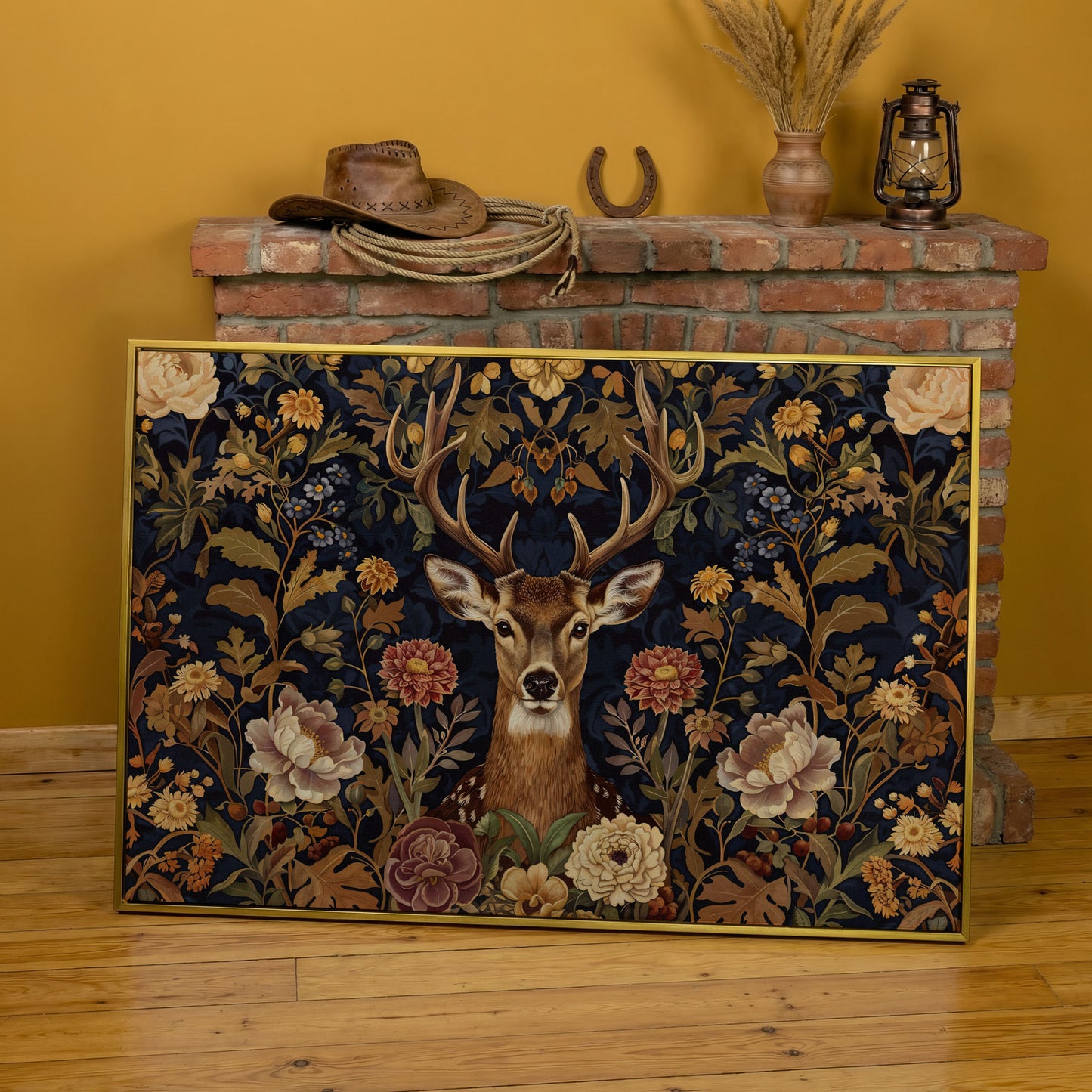 Abstract Stag with Vintage Florals Canvas in yellow gold floating frame