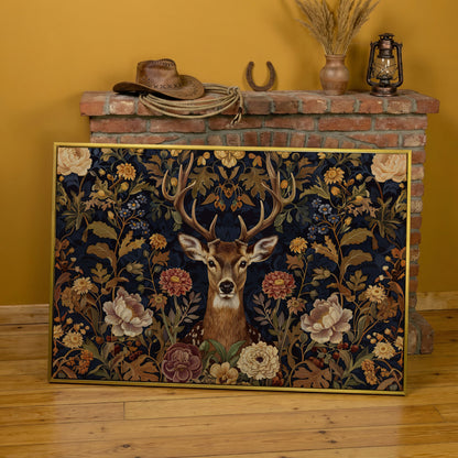 Abstract Stag with Vintage Florals Canvas in yellow gold floating frame