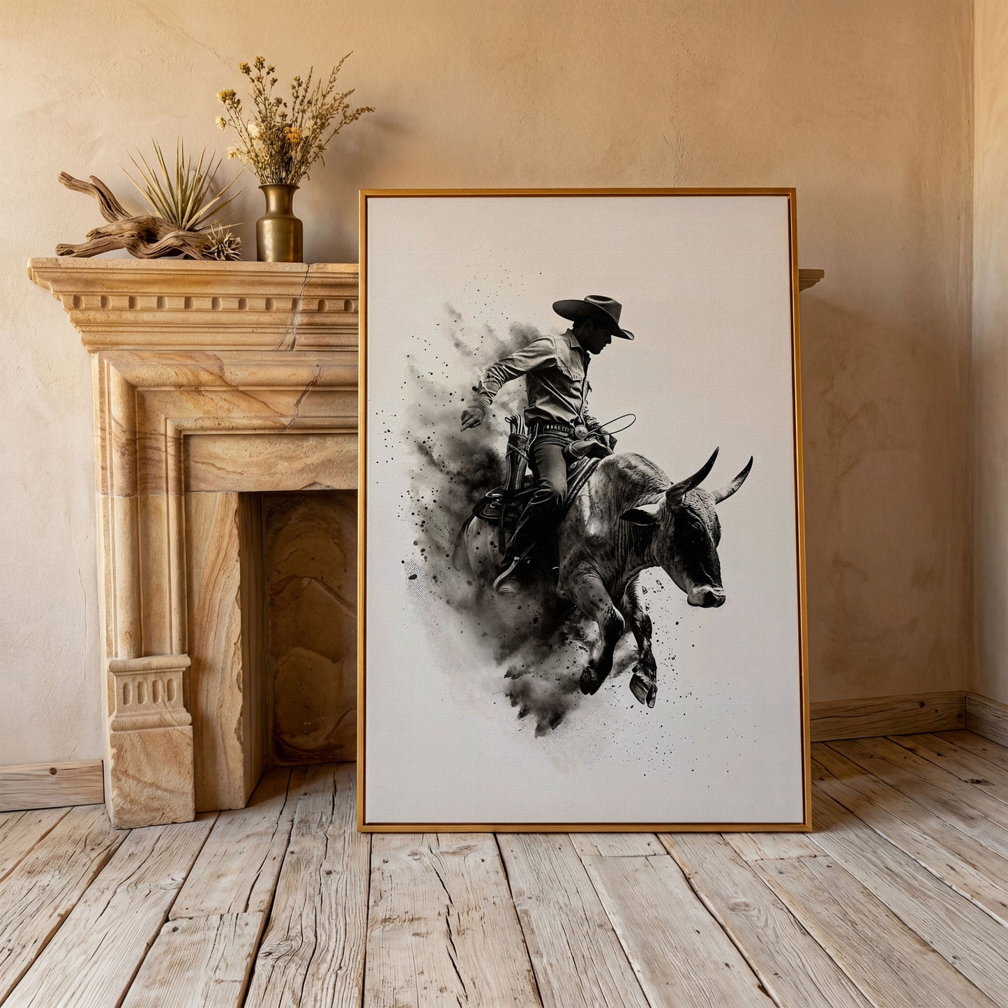 Dynamic Rodeo Cowboy Bull Riding Canvas Print in antique gold floating frame