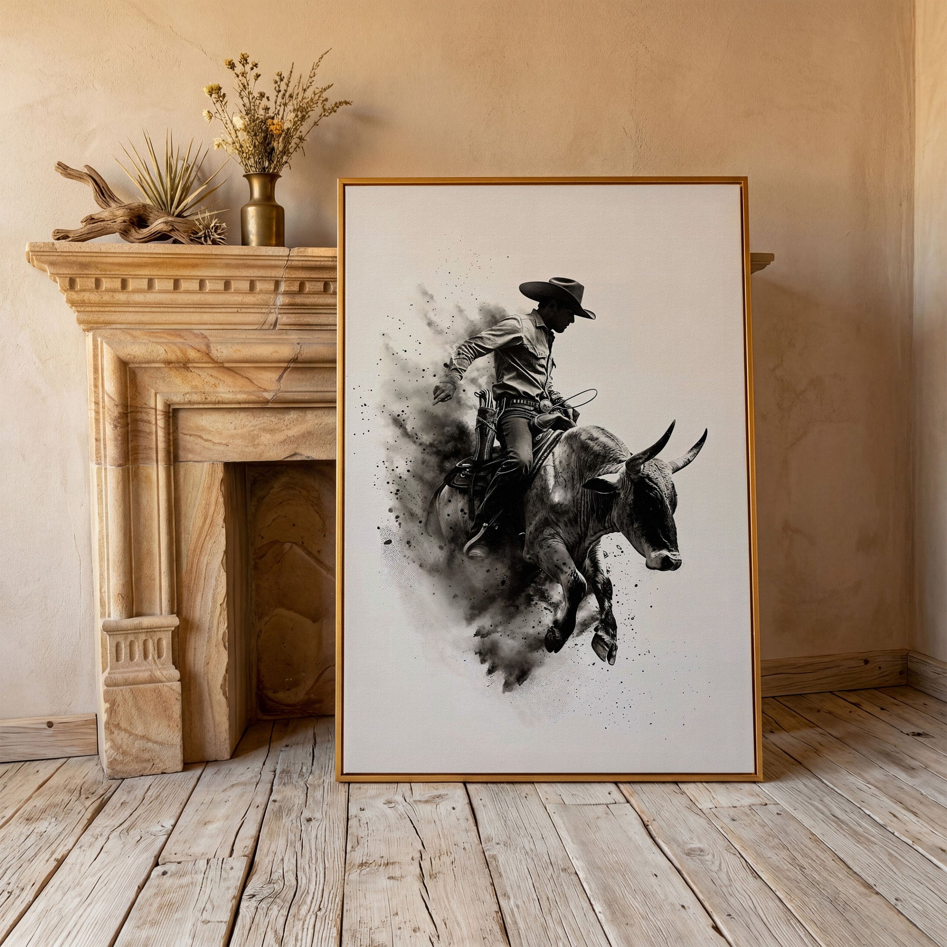 Dynamic Rodeo Cowboy Bull Riding Canvas Print in antique gold floating frame
