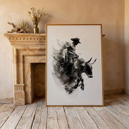 Dynamic Rodeo Cowboy Bull Riding Canvas Print in antique gold floating frame