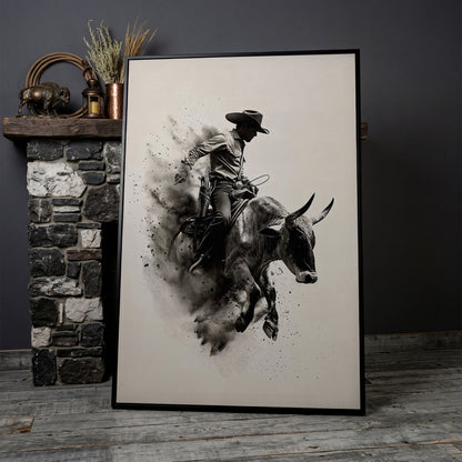Dynamic Rodeo Cowboy Bull Riding Canvas Print in black floating frame