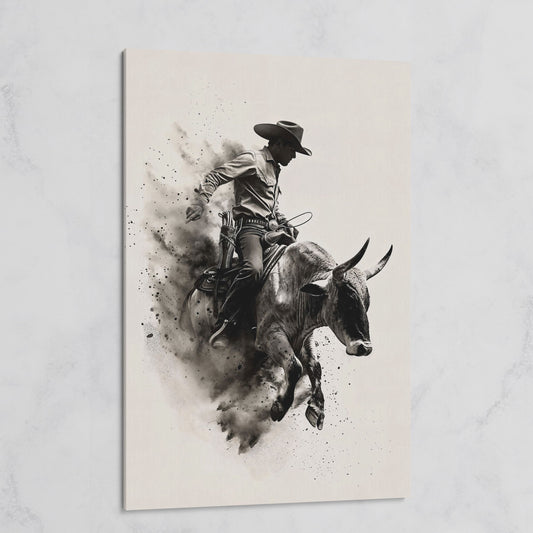 Dynamic Rodeo Cowboy Bull Riding Canvas Print on gallery wrap