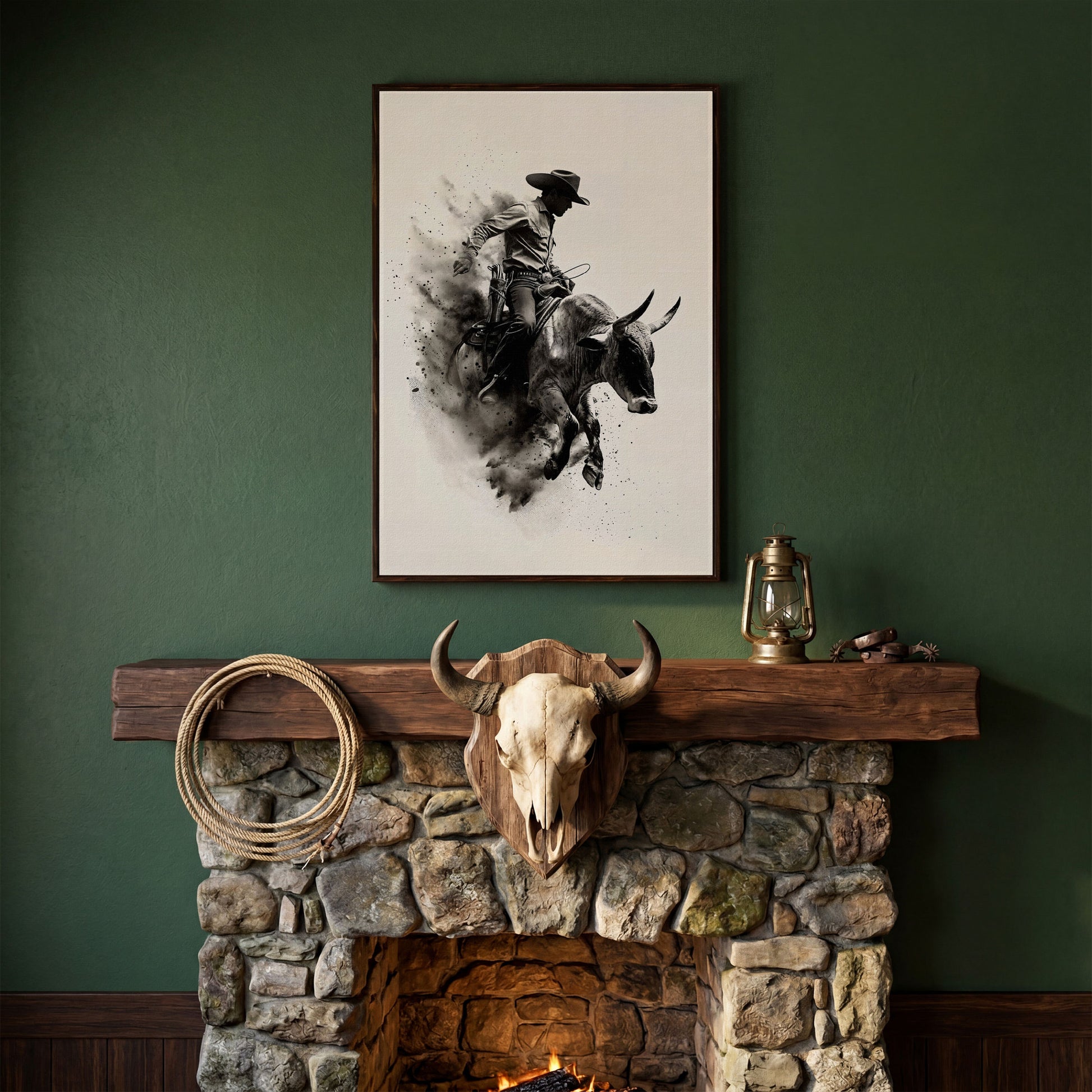 Dynamic Rodeo Cowboy Bull Riding Canvas Print in dark walnut floating frame