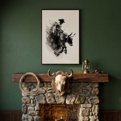Dynamic Rodeo Cowboy Bull Riding Canvas Print in dark walnut floating frame