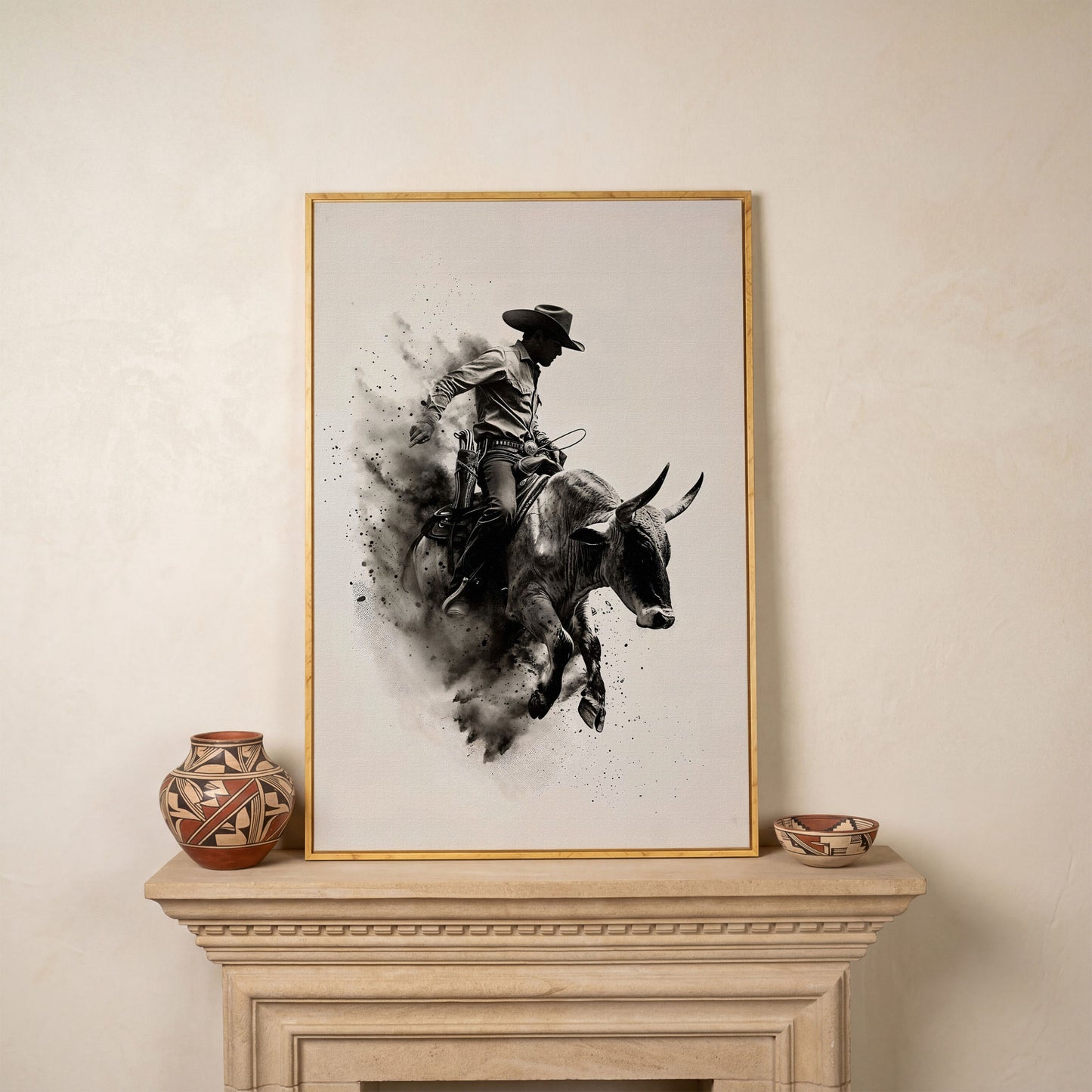 Dynamic Rodeo Cowboy Bull Riding Canvas Print in white oak floating frame