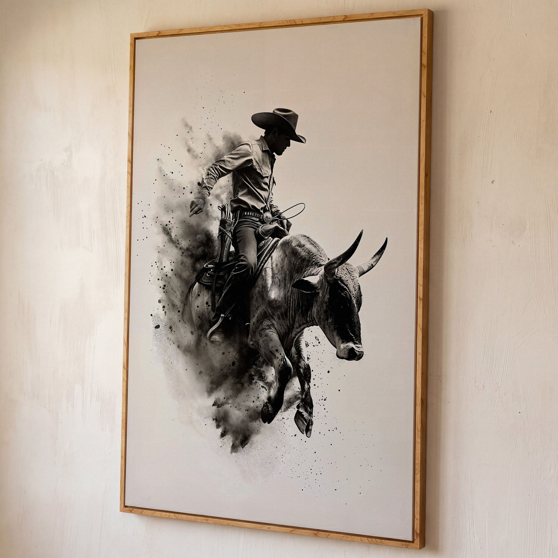 Dynamic Rodeo Cowboy Bull Riding Canvas Print shown in white oak floating frame