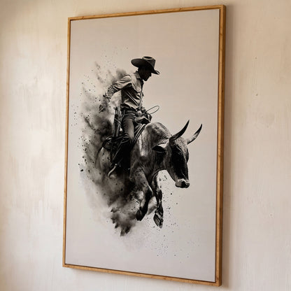 Dynamic Rodeo Cowboy Bull Riding Canvas Print shown in white oak floating frame