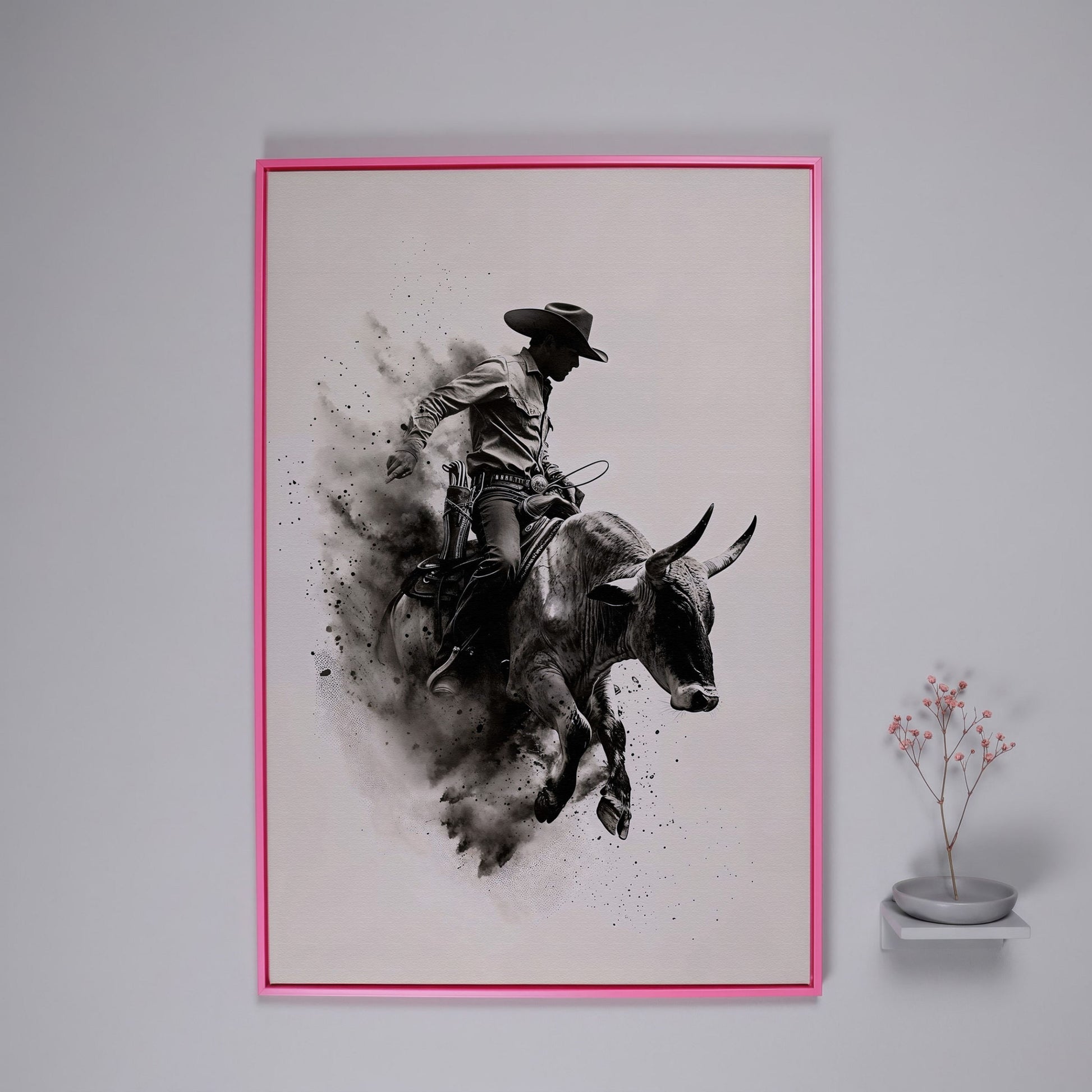 Dynamic Rodeo Cowboy Bull Riding Canvas Print in pink floating frame