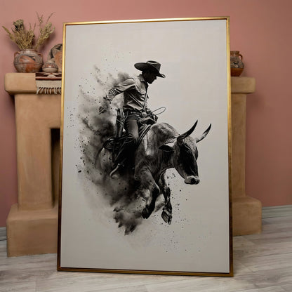 Dynamic Rodeo Cowboy Bull Riding Canvas Print in rose gold floating frame