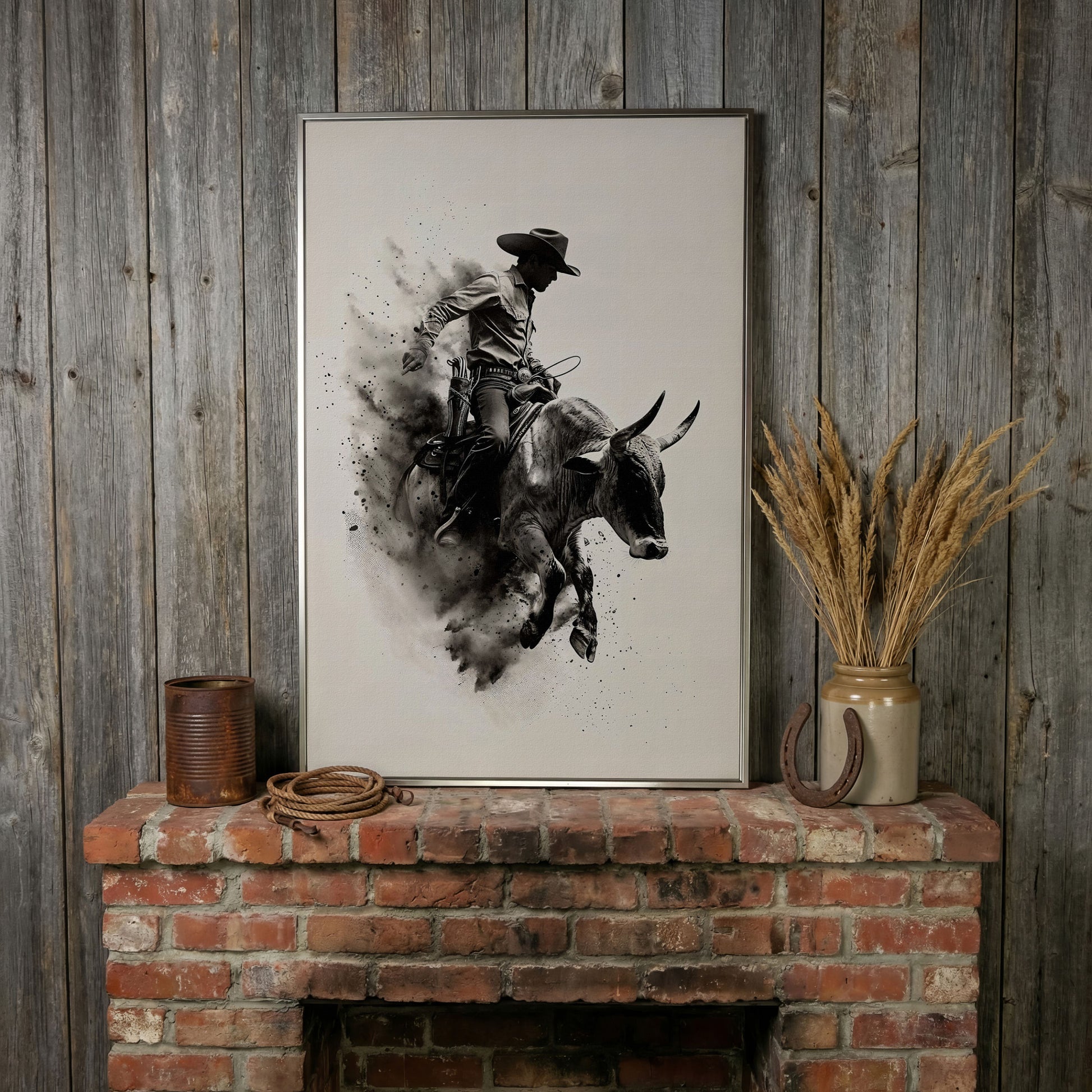 Dynamic Rodeo Cowboy Bull Riding Canvas Print in silver floating frame