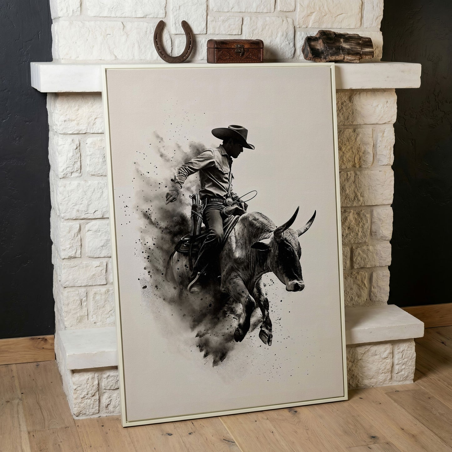 Dynamic Rodeo Cowboy Bull Riding Canvas Print in white floating frame