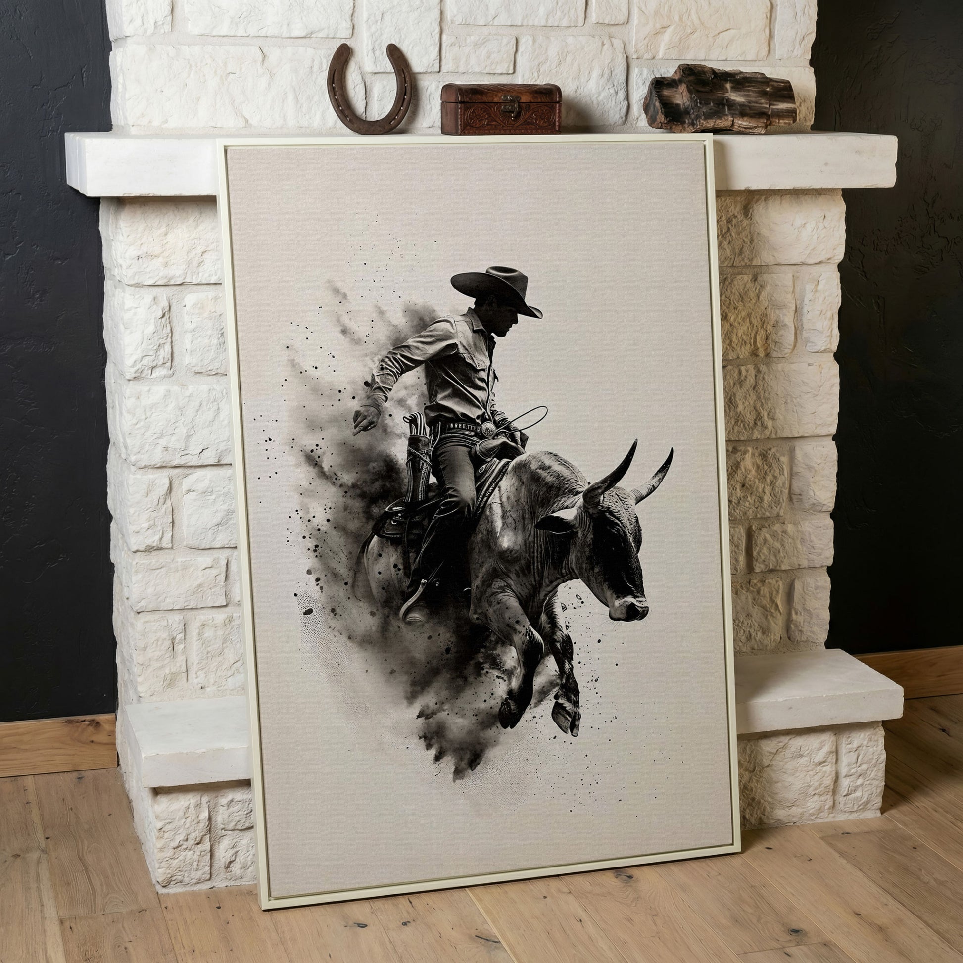 Dynamic Rodeo Cowboy Bull Riding Canvas Print in white floating frame