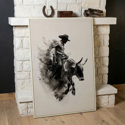 Dynamic Rodeo Cowboy Bull Riding Canvas Print in white floating frame