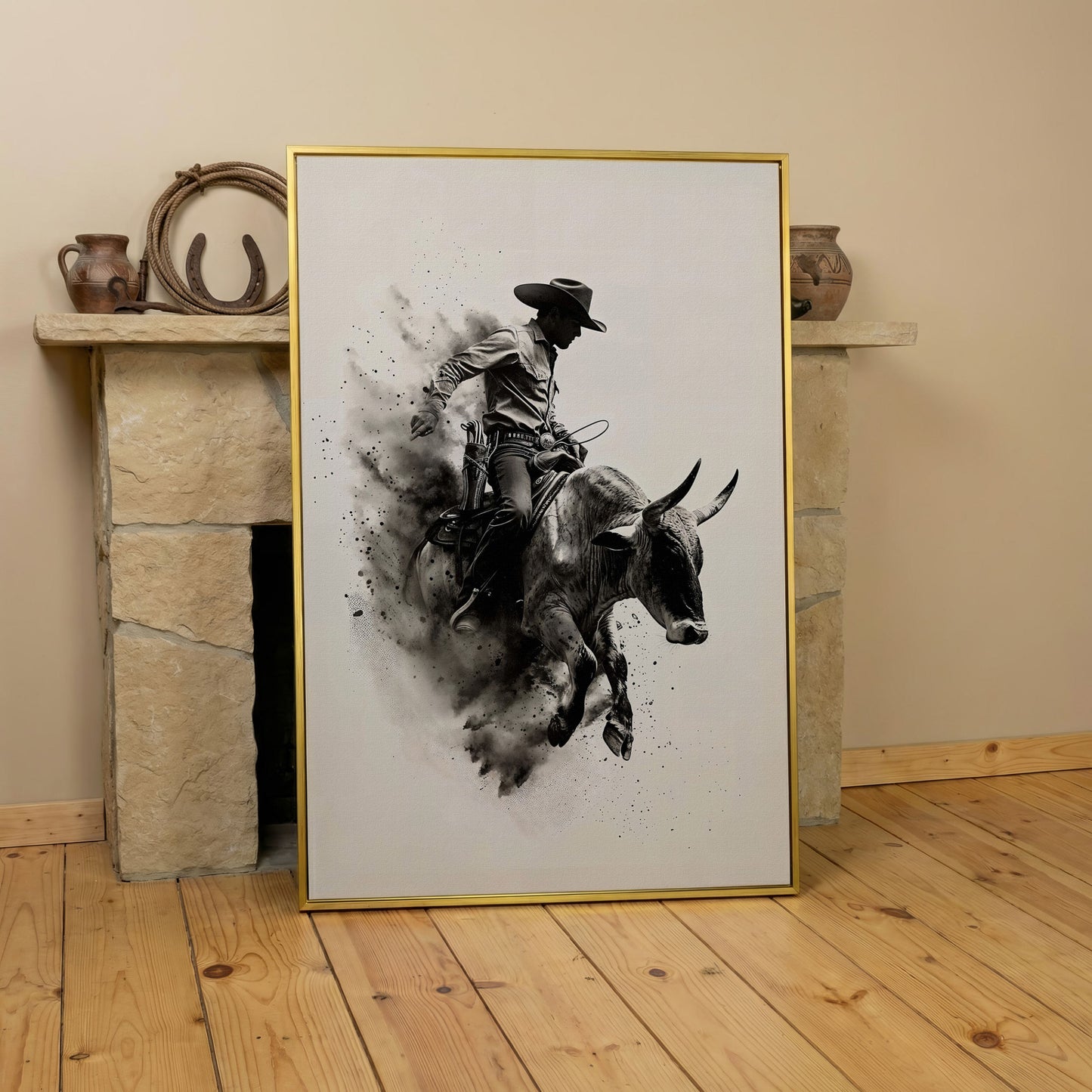Dynamic Rodeo Cowboy Bull Riding Canvas Print in yellow gold floating frame
