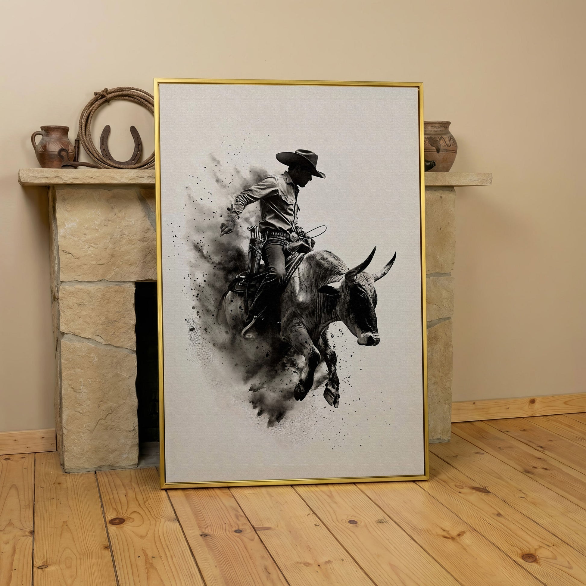 Dynamic Rodeo Cowboy Bull Riding Canvas Print in yellow gold floating frame