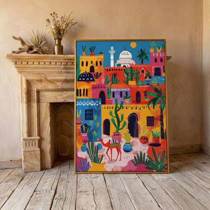 Moroccan Town Canvas Art with Camel, Cacti and Palm Trees in antique gold floating frame