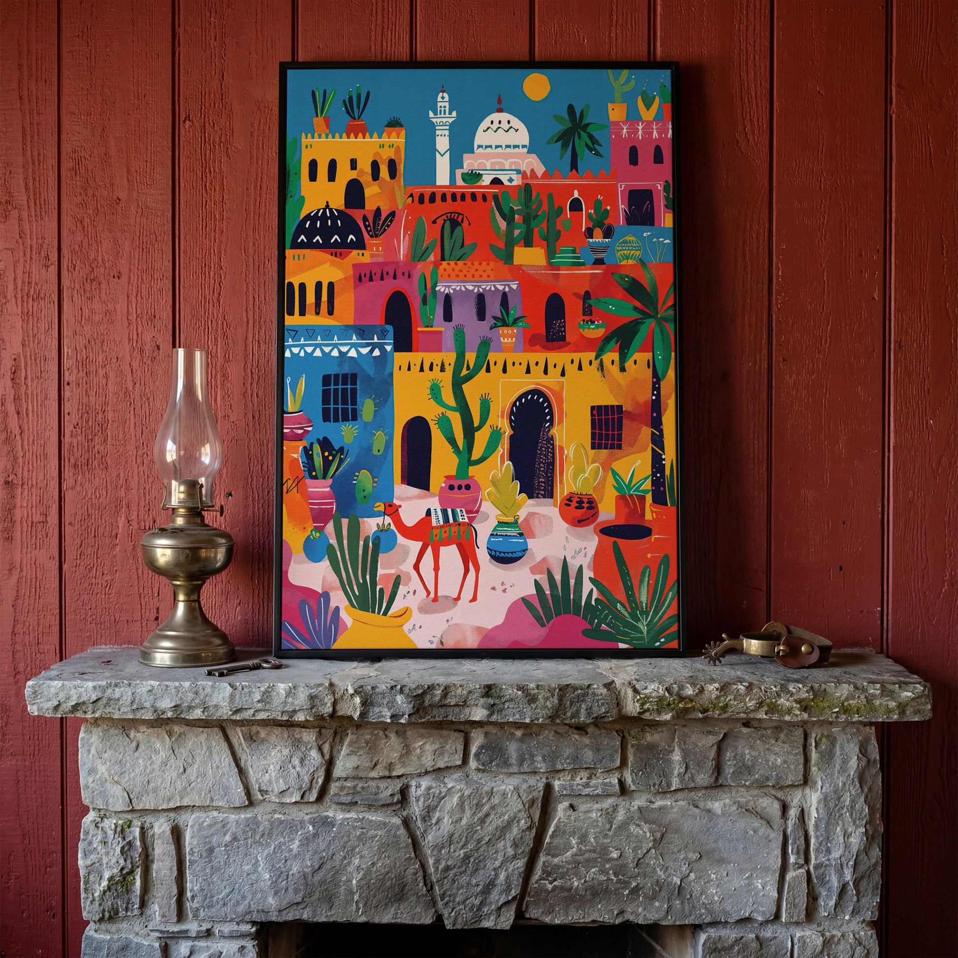 Moroccan Town Canvas Art with Camel, Cacti and Palm Trees in black floating frame