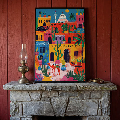 Moroccan Town Canvas Art with Camel, Cacti and Palm Trees in black floating frame