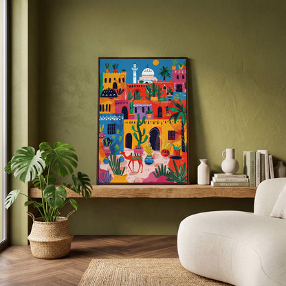 Moroccan Town Canvas Art with Camel, Cacti and Palm Trees in dark walnut floating frame