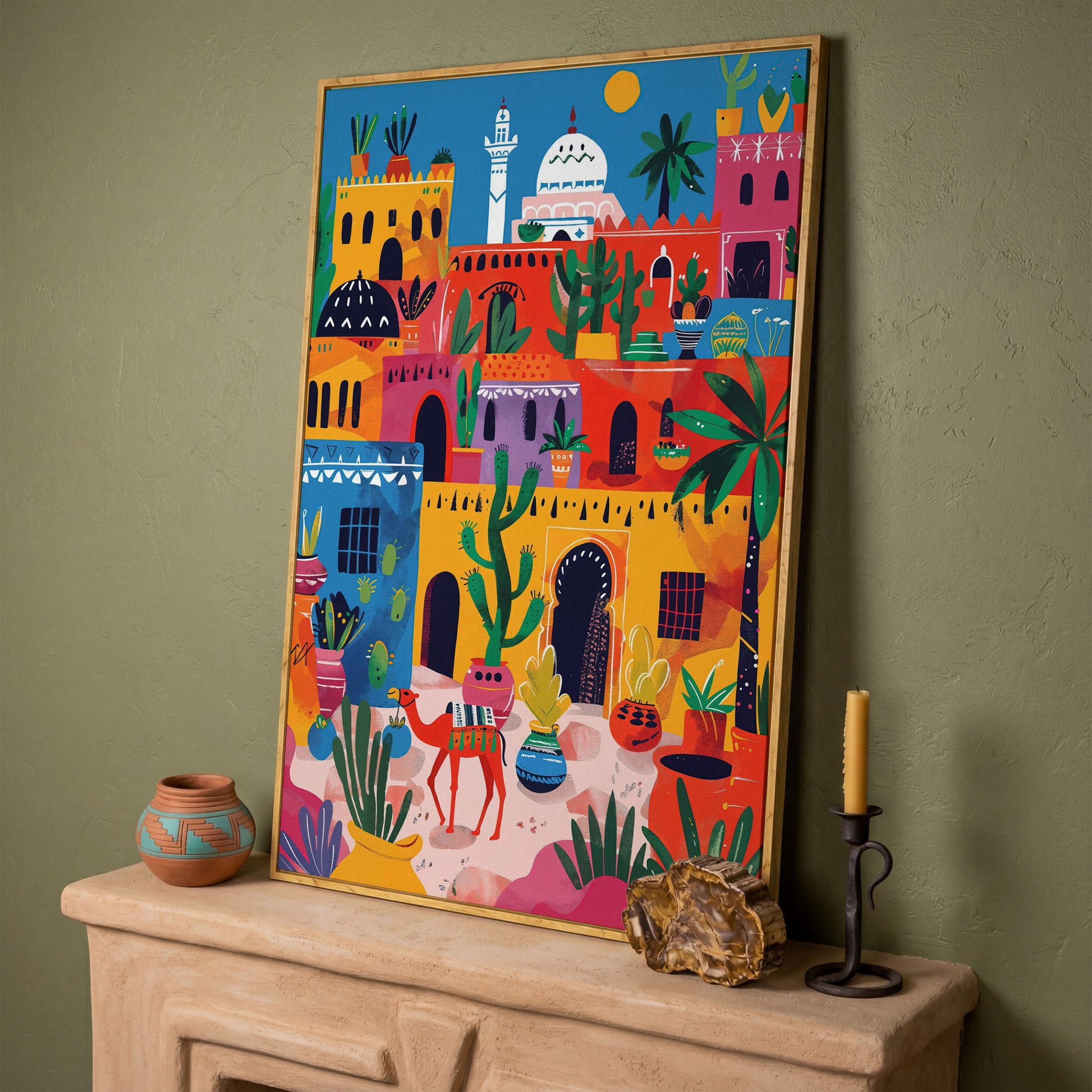 Moroccan Town Canvas Art with Camel, Cacti and Palm Trees in white oak floating frame