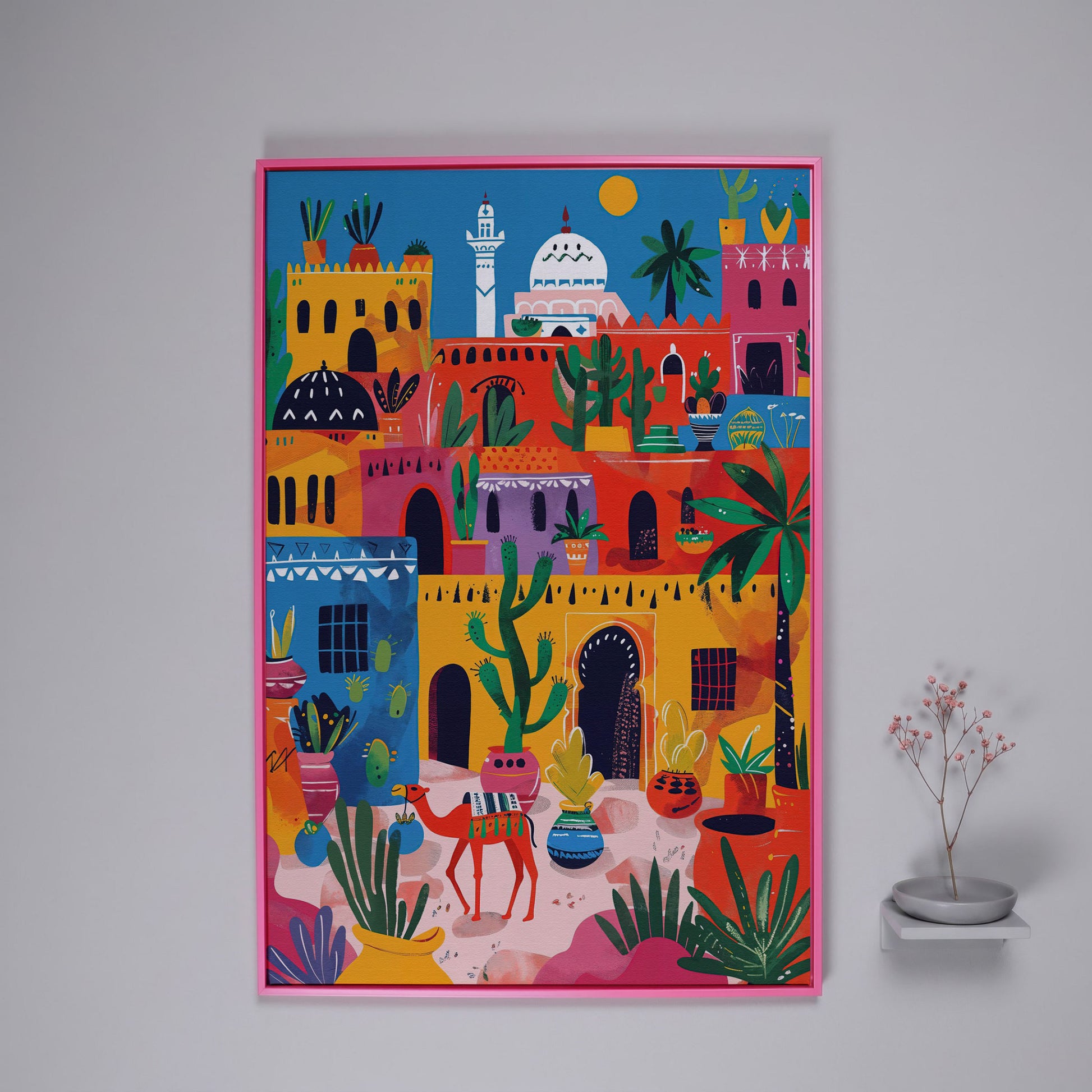 Moroccan Town Canvas Art with Camel, Cacti and Palm Trees in pink floating frame