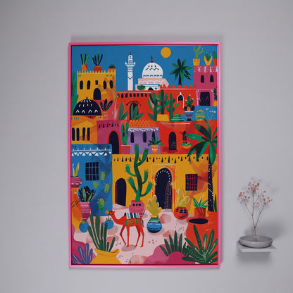 Moroccan Town Canvas Art with Camel, Cacti and Palm Trees in pink floating frame