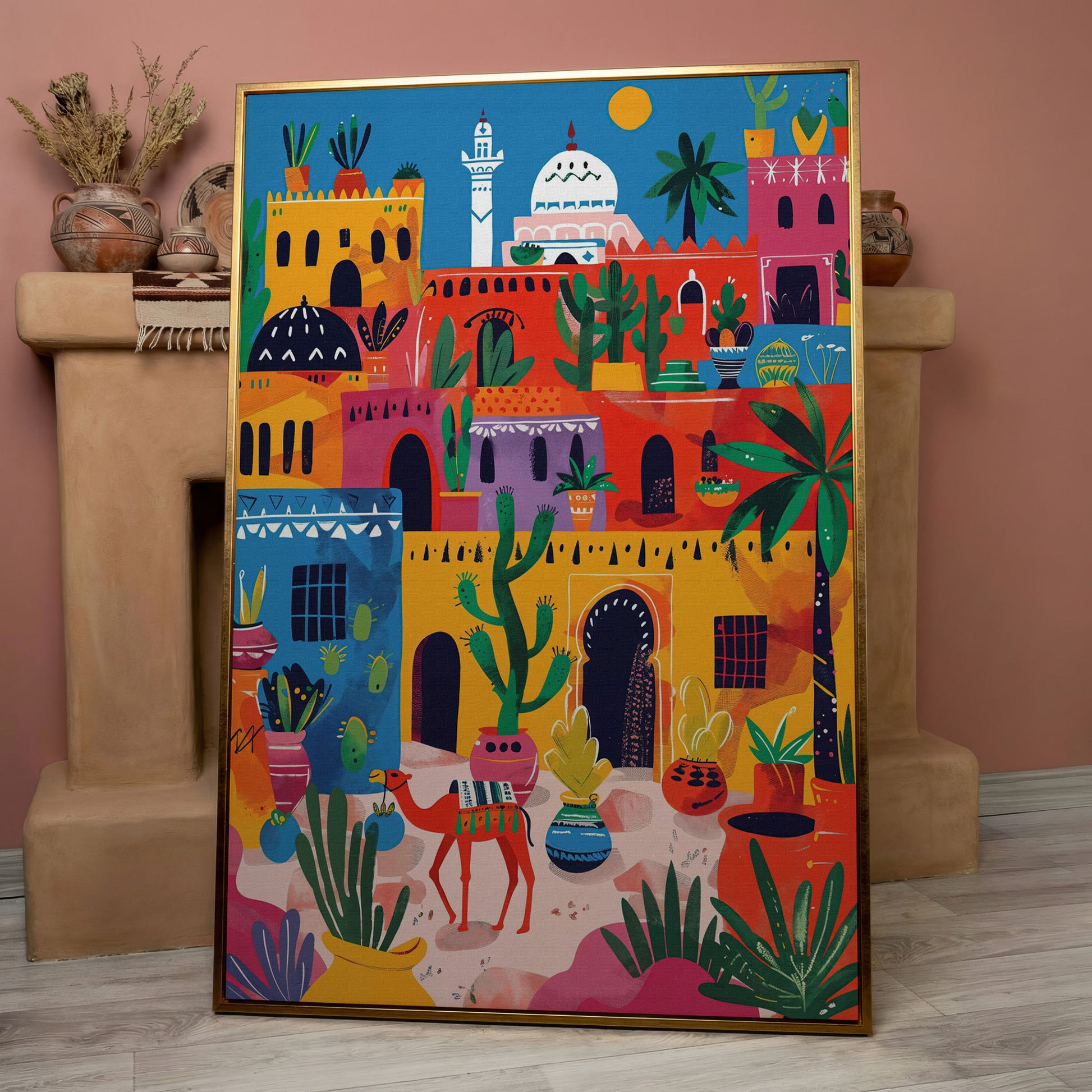Moroccan Town Canvas Art with Camel, Cacti and Palm Trees in rose gold floating frame
