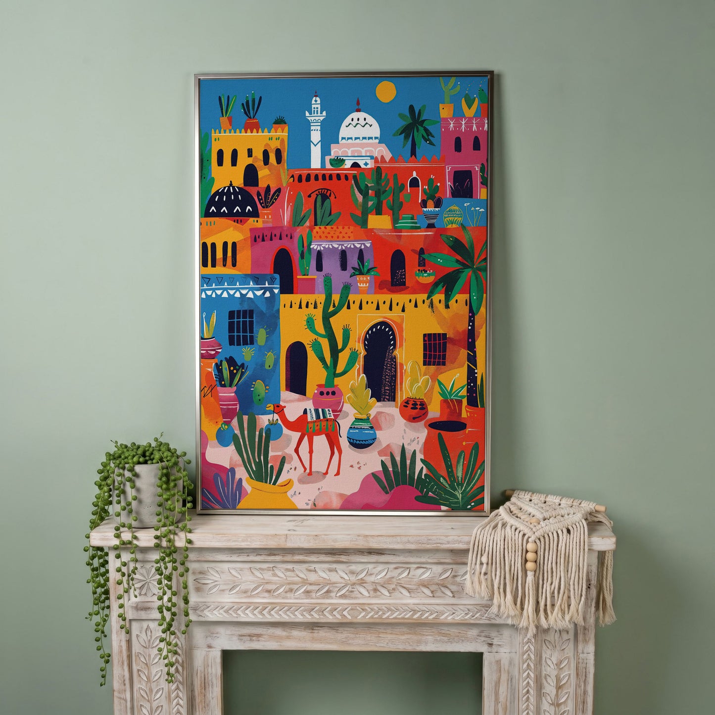Moroccan Town Canvas Art with Camel, Cacti and Palm Trees in silver floating frame