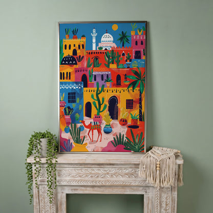 Moroccan Town Canvas Art with Camel, Cacti and Palm Trees in silver floating frame