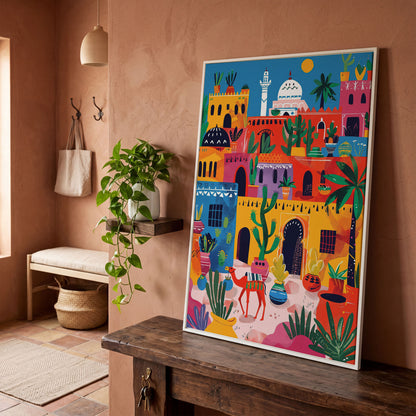 Moroccan Town Canvas Art with Camel, Cacti and Palm Trees in white floating frame